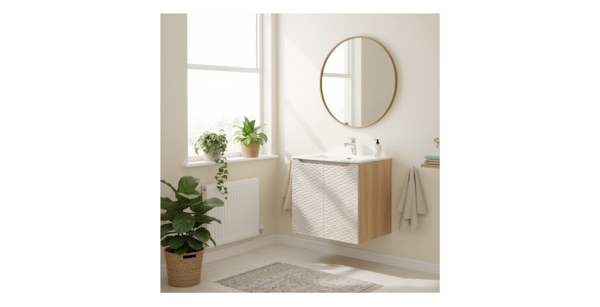 Ensemble meuble sous vasque à placards et vasque encastrée beige YOKA 60cm mis en situation