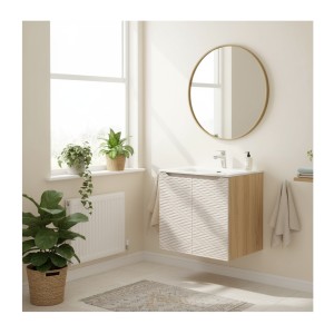 Ensemble meuble sous vasque à placards et vasque encastrée beige YOKA 60cm mis en situation