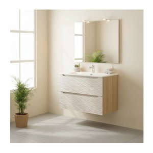 Ensemble meuble sous vasque et vasque encastrée beige 80cm YOKA mis en situation