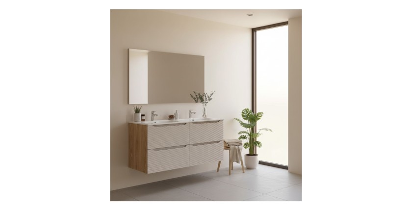 Ensemble meubles sous vasque et double vasque encastrée 120cm beige YOKA mis en situation