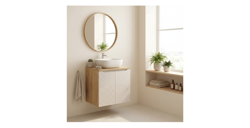 Ensemble meuble sous vasque, plan vasque et vasque à poser 60cm beige YOKA mis en situation