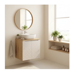 Ensemble meuble sous vasque, plan vasque et vasque à poser 60cm beige YOKA mis en situation