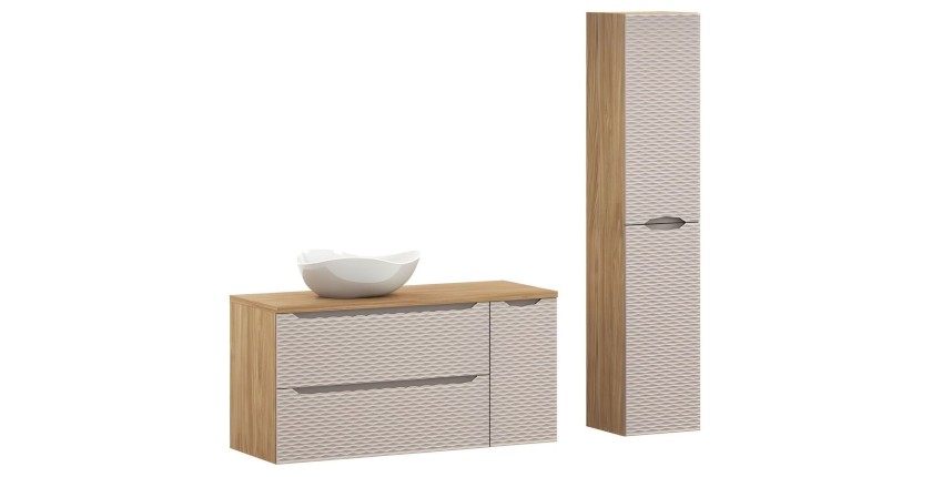 Ensemble meubles sous vasque, plan vasque, vasque à poser et colonne de rangement beige YOKA
