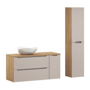 Ensemble meubles sous vasque, plan vasque, vasque à poser et colonne de rangement beige YOKA