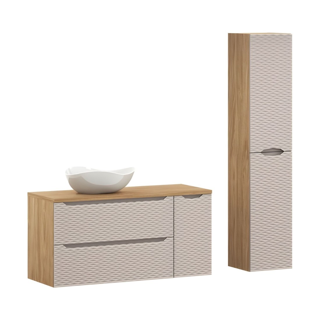 Ensemble meubles sous vasque, plan vasque, vasque à poser et colonne de rangement beige YOKA