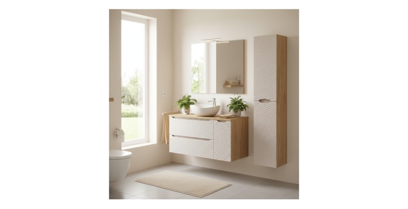 Ensemble meubles sous vasque, plan vasque, vasque à poser et colonne de rangement beige YOKA mis en situation