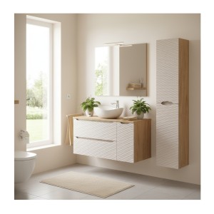 Ensemble meubles sous vasque, plan vasque, vasque à poser et colonne de rangement beige YOKA mis en situation