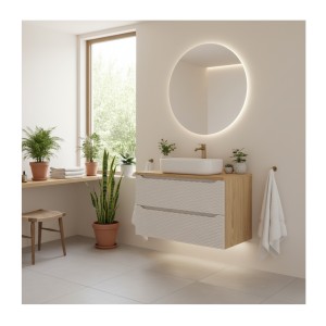 Ensemble meuble sous vasque et plan vasque 90cm beige YOKA mis en situation