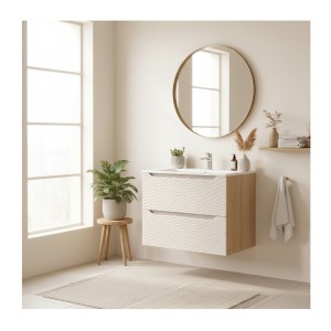 Ensemble meuble sous vasque et vasque encastrée 70cm beige YOKA mis en situation