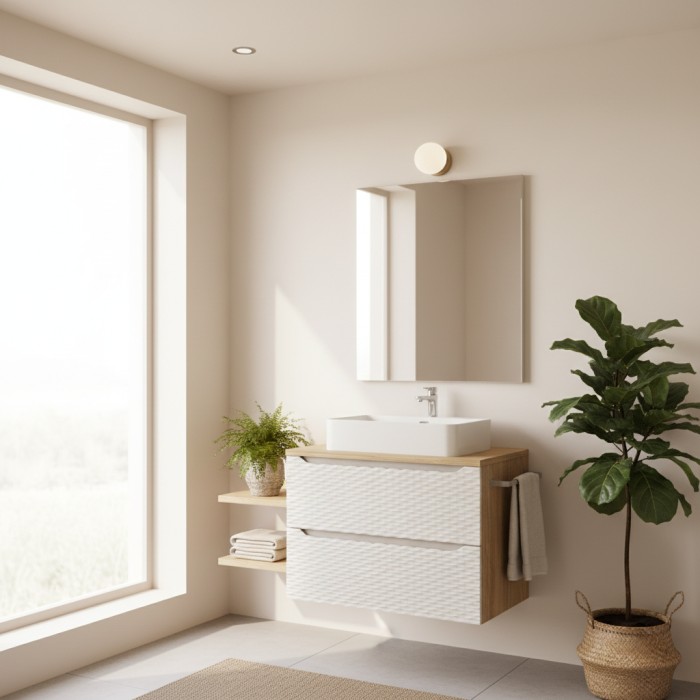 Ensemble meuble sous vasque, plan vasque et vasque à poser 80cm beige YOKA mis en situation