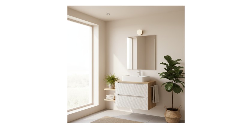 Ensemble meuble sous vasque, plan vasque et vasque à poser 80cm beige YOKA mis en situation