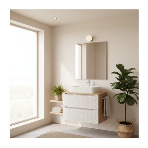 Ensemble meuble sous vasque, plan vasque et vasque à poser 80cm beige YOKA mis en situation