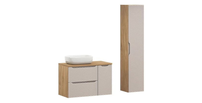 Ensemble meubles sous vasque, plan vasque, vasque à poser et colonne de rangement beige YOKA