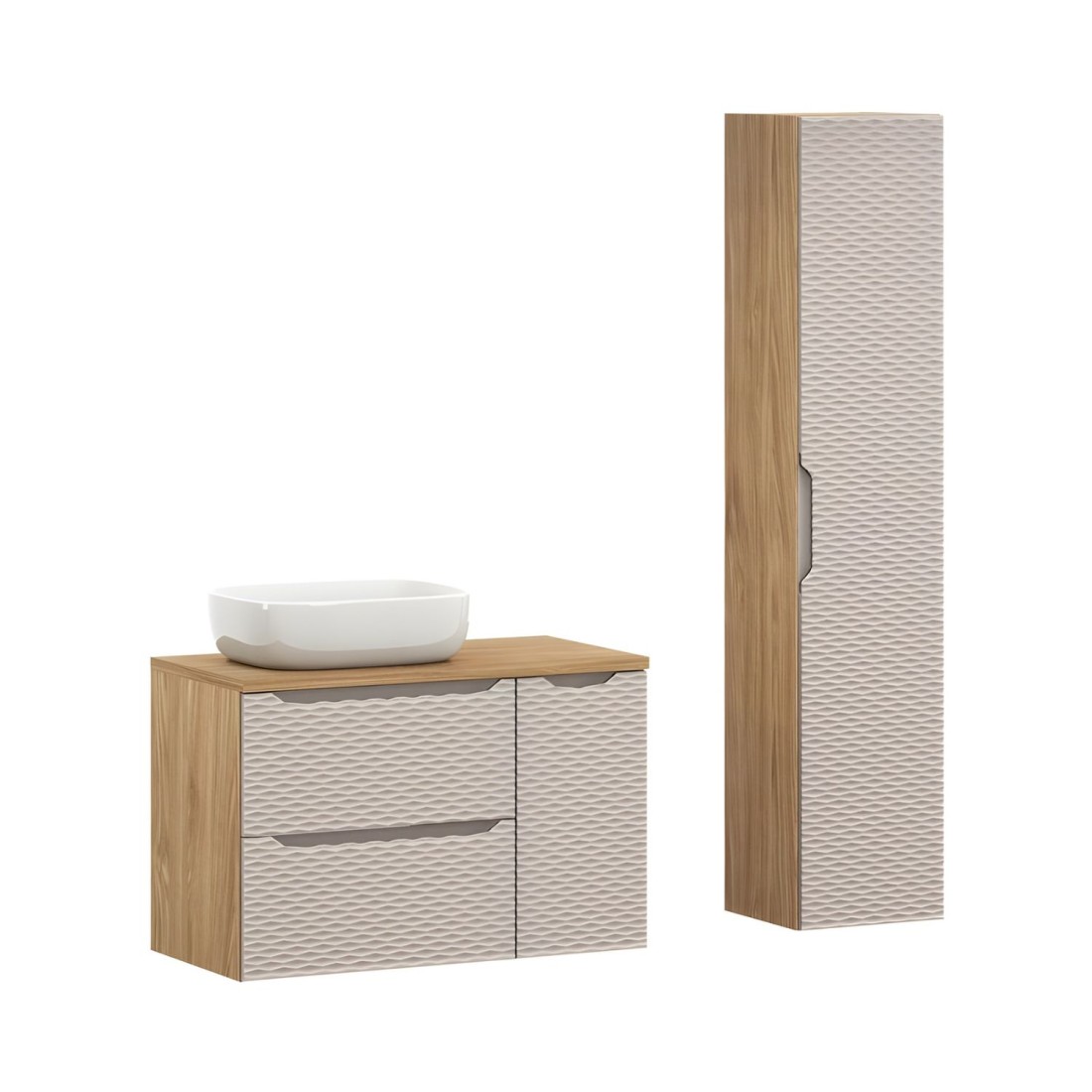 Ensemble meubles sous vasque, plan vasque, vasque à poser et colonne de rangement beige YOKA