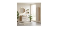 Ensemble meubles sous vasque, plan vasque, vasque à poser et colonne de rangement beige YOKA mis en situation
