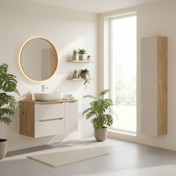 Ensemble meubles sous vasque, plan vasque, vasque à poser et colonne de rangement beige YOKA mis en situation