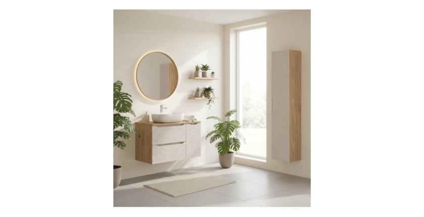 Ensemble meubles sous vasque, plan vasque, vasque à poser et colonne de rangement beige YOKA mis en situation