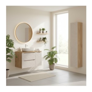 Ensemble meubles sous vasque, plan vasque, vasque à poser et colonne de rangement beige YOKA mis en situation