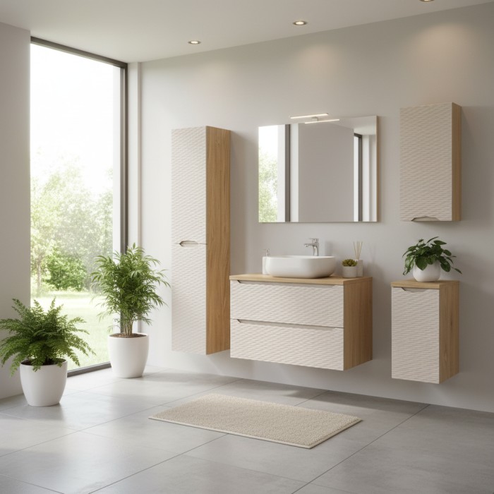 Ensemble complet pour salle de bain beige YOKA mis en situation