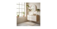 Ensemble meubles vasque, plan vasque et vasque à poser 120cm beige YOKA mis en situation