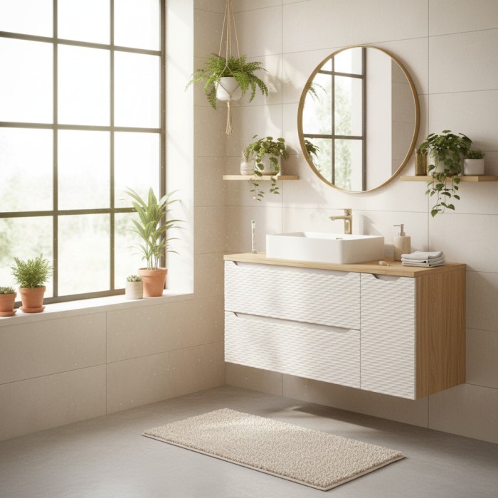 Ensemble meubles vasque, plan vasque et vasque à poser 120cm beige YOKA mis en situation