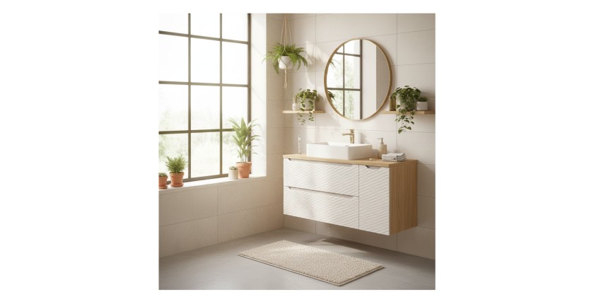 Ensemble meubles vasque, plan vasque et vasque à poser 120cm beige YOKA mis en situation