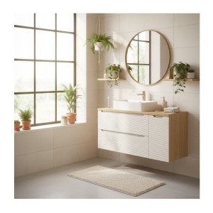 Ensemble meubles vasque, plan vasque et vasque à poser 120cm beige YOKA mis en situation