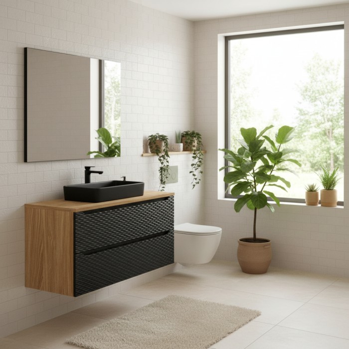 Ensemble meuble sous vasque, plan vasque et vasque à poser YOKA noir 120cm mis en situation
