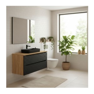 Ensemble meuble sous vasque, plan vasque et vasque à poser YOKA noir 120cm mis en situation