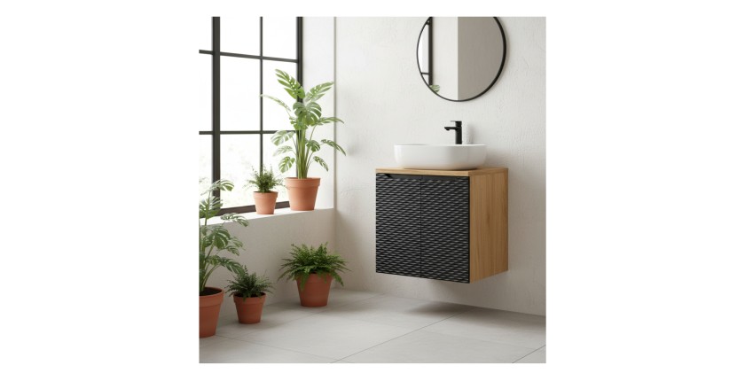 Ensemble meuble sous vasque à placards et plan vasque YOKA noir 60cm mis en situation