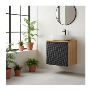 Ensemble meuble sous vasque à placards et plan vasque YOKA noir 60cm mis en situation