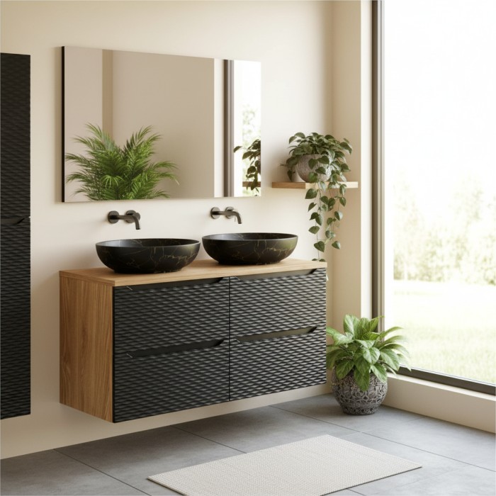 Ensemble meuble sous vasque, plan vasque et deux vasques à poser YOKA noir mis en situation