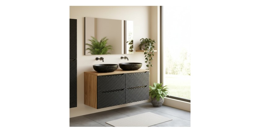 Ensemble meuble sous vasque, plan vasque et deux vasques à poser YOKA noir mis en situation