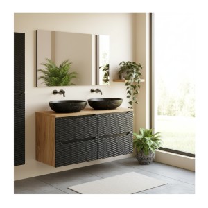 Ensemble meuble sous vasque, plan vasque et deux vasques à poser YOKA noir mis en situation