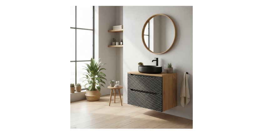 Ensemble meuble sous vasque et plan vasque YOKA noir 70cm mis en situation