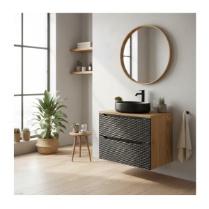 Ensemble meuble sous vasque et plan vasque YOKA noir 70cm mis en situation