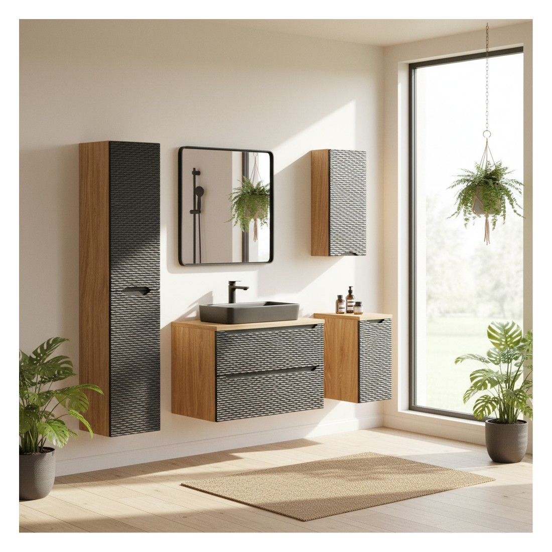 Ensemble de meubles de salle de bain avec vasque noir à poser YOKA mis en situation