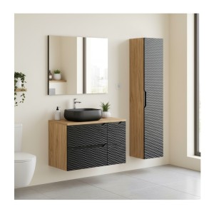 Ensemble meubles de salle de bain YOKA noir avec vasque à poser noire mis en situation