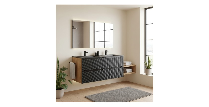 Double meuble sous vasque avec double vasque encastré YOKA noir 120cm mis en situation