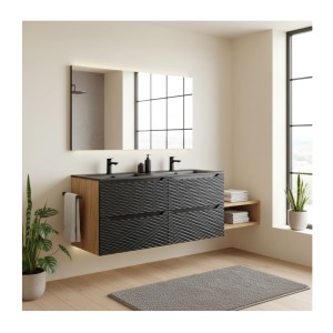 Double meuble sous vasque avec double vasque encastré YOKA noir 120cm mis en situation
