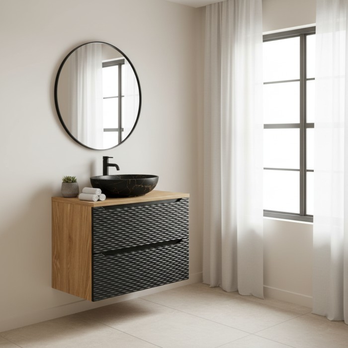 Ensemble meuble sous vasque, plateau et vasque à poser effet marbre noir YOKA 80cm mis en situation