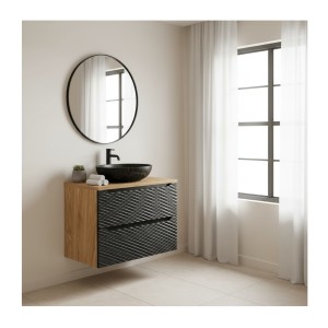 Ensemble meuble sous vasque, plateau et vasque à poser effet marbre noir YOKA 80cm mis en situation