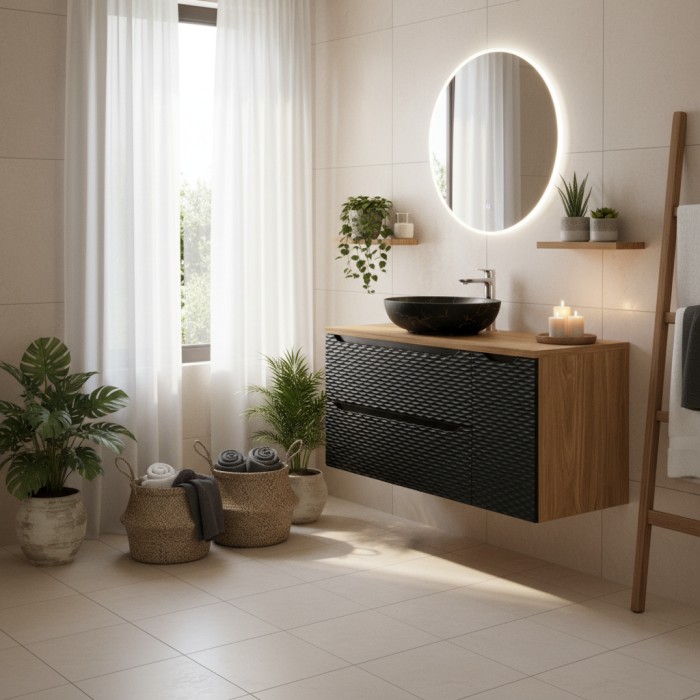 Ensemble meubles sous vasque, plateau et vasque effet marbre noir YOKA 120cm mis en situation
