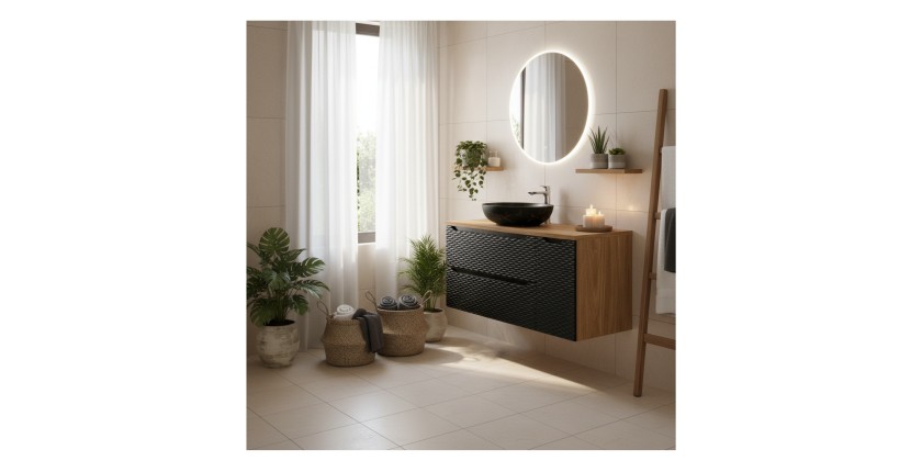 Ensemble meubles sous vasque, plateau et vasque effet marbre noir YOKA 120cm mis en situation