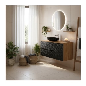 Ensemble meubles sous vasque, plateau et vasque effet marbre noir YOKA 120cm mis en situation