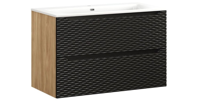 Ensemble de salle de bain YOKA noir : meuble sous vasque à tiroirs 90 cm + plan vasque à encastrer