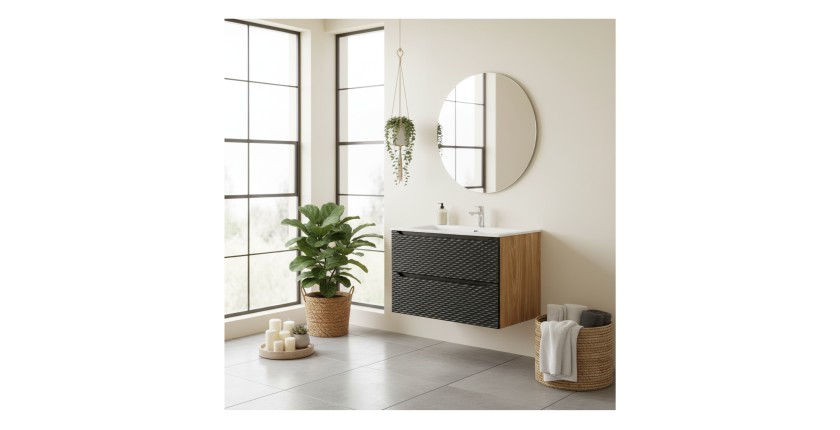 Ensemble de salle de bain YOKA noir : meuble sous vasque à tiroirs 90 cm + plan vasque à encastrer