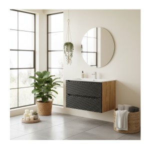 Ensemble meuble sous vasque et vasque encastrée noir YOKA 90cm mis en situation