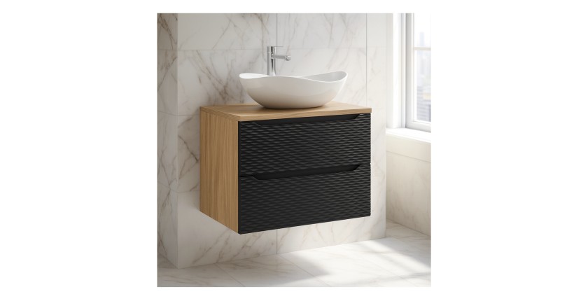 Ensemble meuble sous vasque, plateau et vasque à poser blanche originale YOKA noir 70cm mis en situation