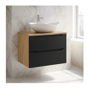 Ensemble meuble sous vasque, plateau et vasque à poser blanche originale YOKA noir 70cm mis en situation